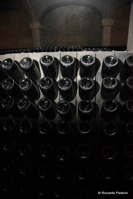 Traditional-method sparkling wine bottles resting in a riddling rack. Photo by Riccardo Pastore, licensed CC BY 2.0, via Wikimedia Commons